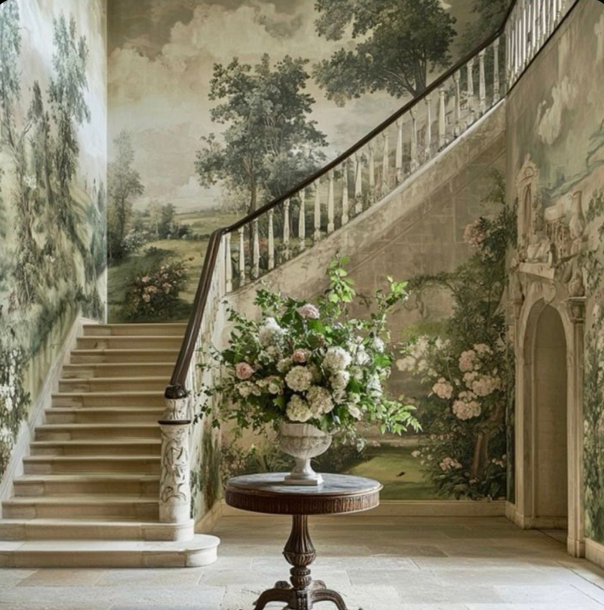 Akshara Designs luxury interior showroom wall mural and staircase
